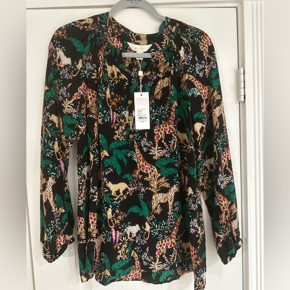 Lilly Pulitzer Elsa silk blouse, safari jungle print